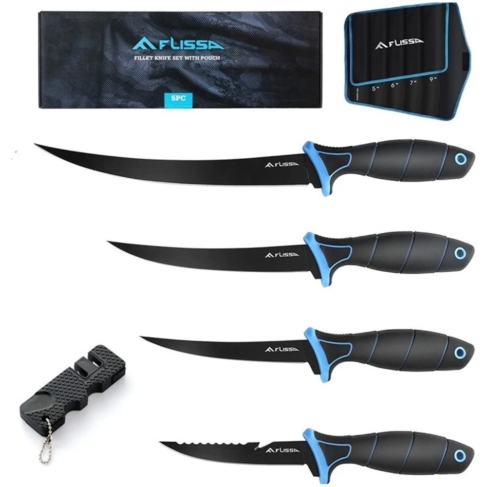 Flissa Fillet Knife Set With Pouch 5 Piece 4 Knives 1 Sharpener 5" 6" 7" 9"